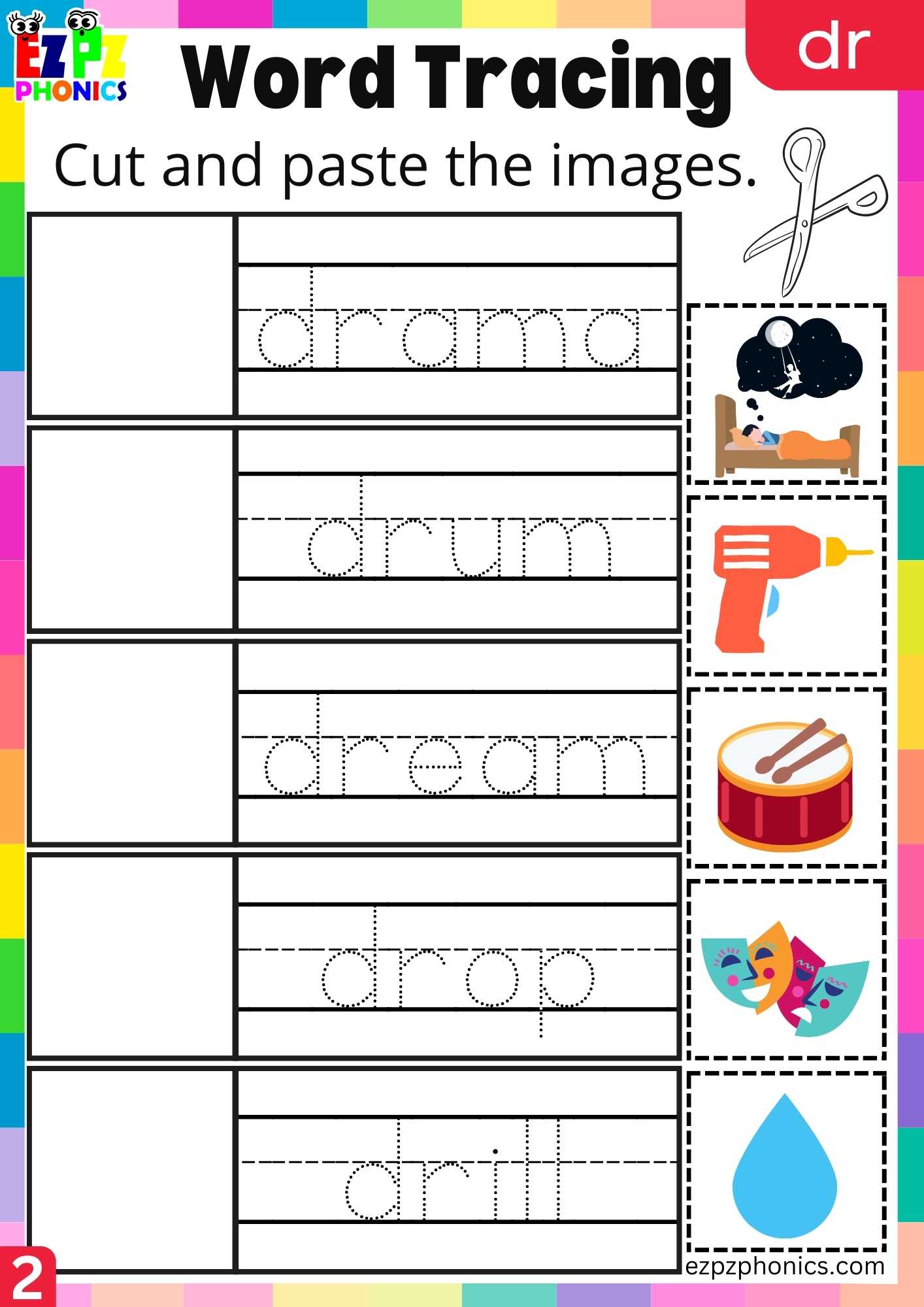 Group2 DR Words Cut And Paste The Images Phonics Consonant Blends Worksheet
